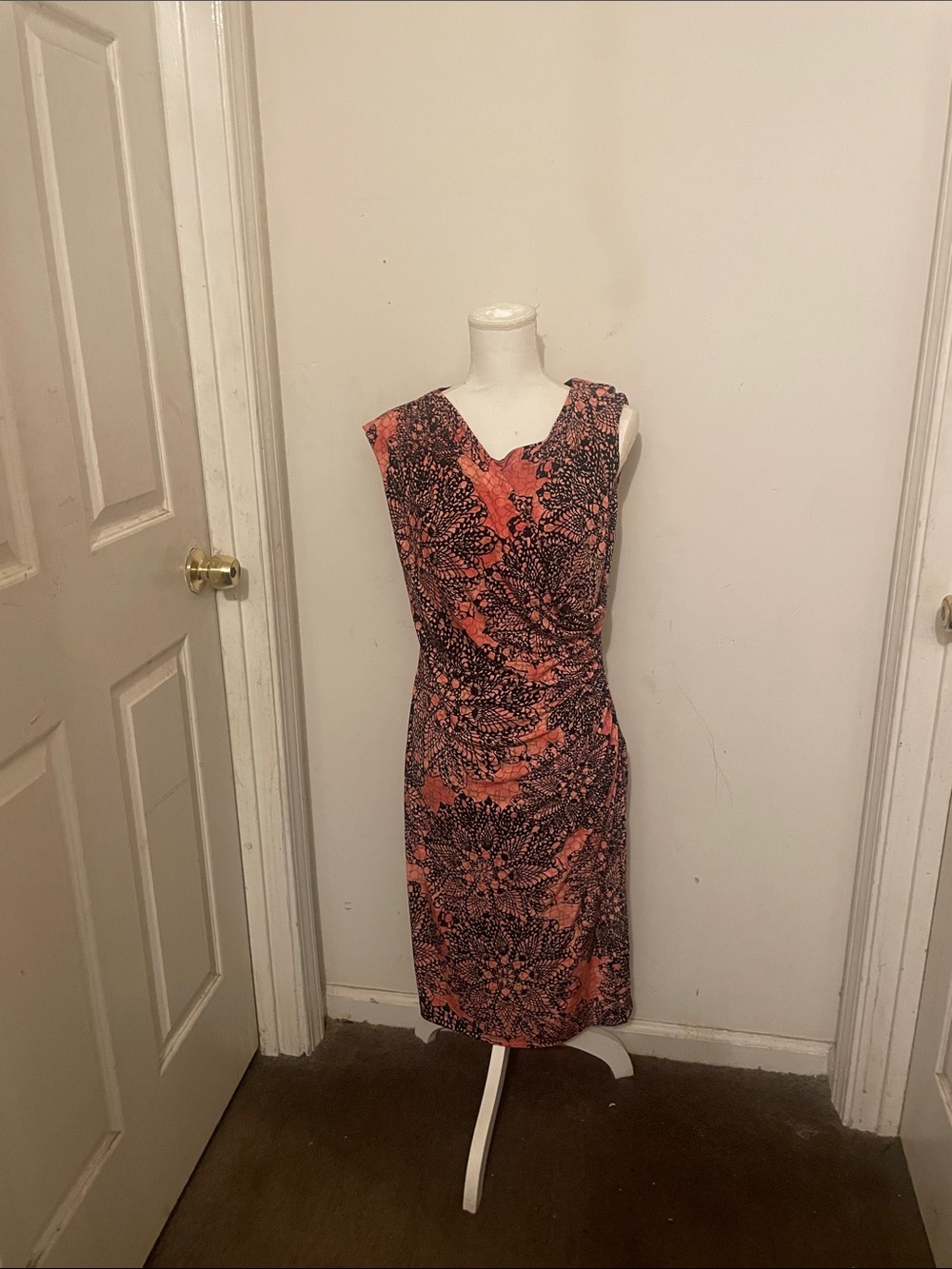 connected apparel Coral and Black Sleeveless Draped Sheath Midi Dress